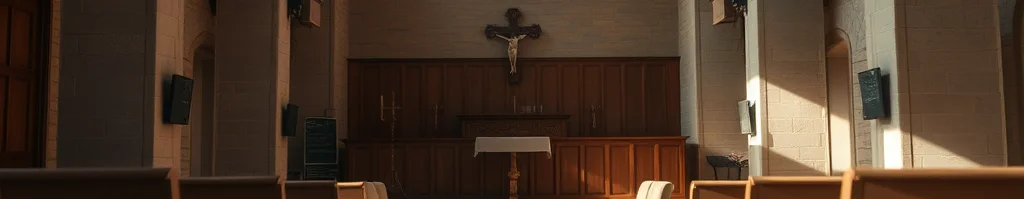 Innenraum einer Kirche mit Holzbänken, Altar, Kreuz und einem runden Fenster, durch das Licht fällt.