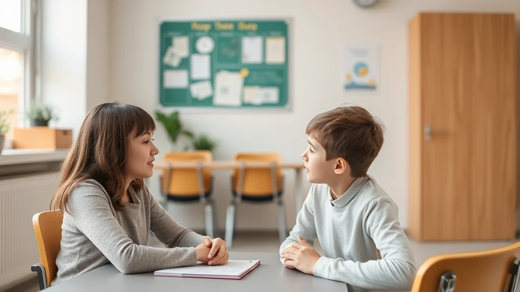 Mädchen und Junge sitzen an einem Tisch im Klassenraum und unterhalten sich; geöffnetes Heft liegt zwischen ihnen.