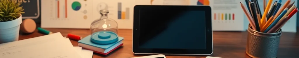 Schreibtisch mit Tablets, Notizbüchern, bunten Stiften, Pflanzen, Weltkarte, Diagrammen und Tafel im Hintergrund.