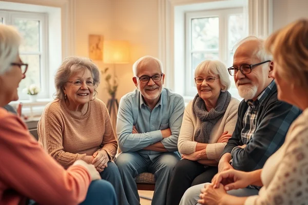 Gruppe älterer Menschen sitzt im Wohnzimmer im Kreis, lacht und unterhält sich; warme Beleuchtung und Fenster im Hintergrund.