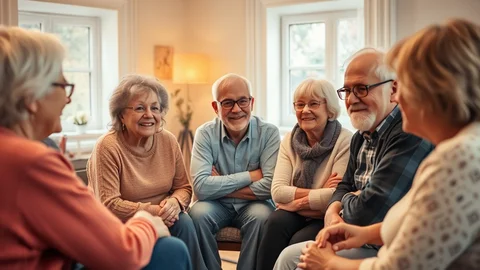 Gruppe älterer Menschen sitzt im Wohnzimmer im Kreis, lacht und unterhält sich; warme Beleuchtung und Fenster im Hintergrund.