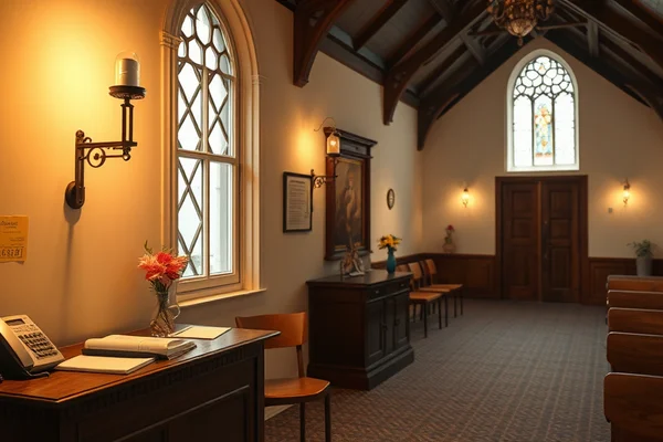 Interieur einer Kapelle: Empfangstresen mit Telefon und Akten, Blumen, Holzbänke, gotische Fenster und warme Beleuchtung.