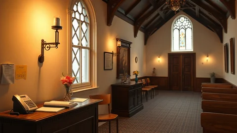 Interieur einer Kapelle: Empfangstresen mit Telefon und Akten, Blumen, Holzbänke, gotische Fenster und warme Beleuchtung.
