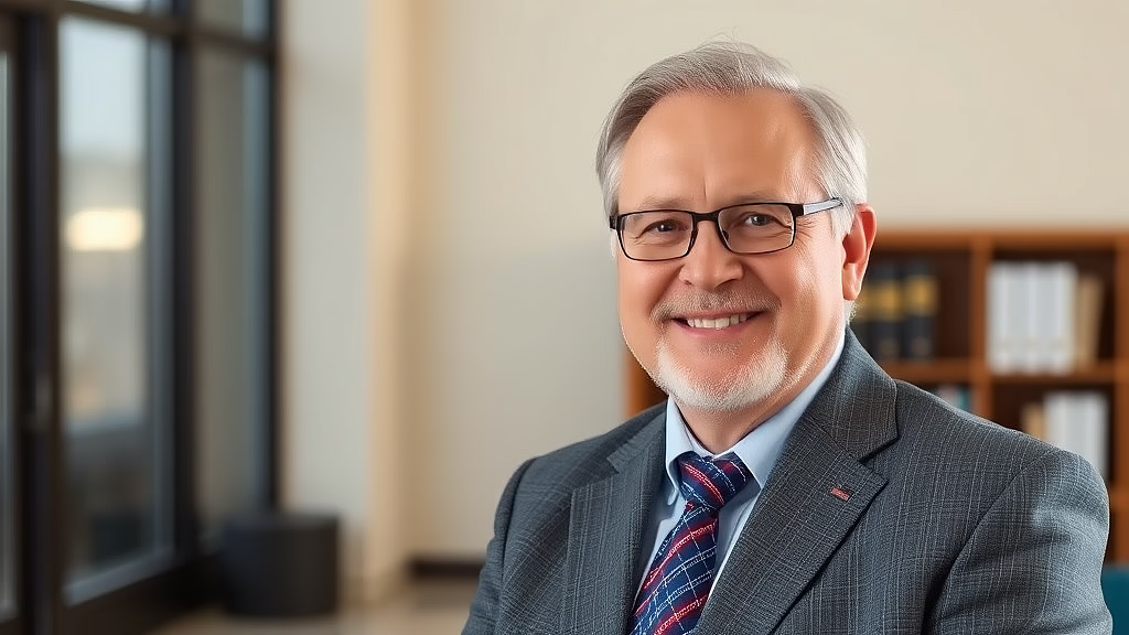 Lächelnder älterer Mann mit Brille in grauem Anzug und Krawatte in Büro vor Bücherregal.