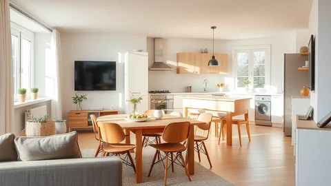 Offene Wohnküche mit runden Holztisch und Stühlen, Wand-TV, Kücheninsel, viel Tageslicht und Pflanzen.