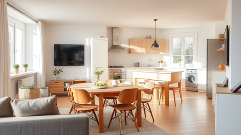 Offene Wohnküche mit runden Holztisch und Stühlen, Wand-TV, Kücheninsel, viel Tageslicht und Pflanzen.