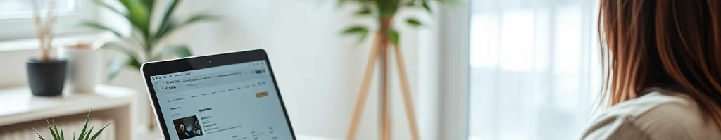 Eine Person tippt an einem Laptop auf einem weißen Schreibtisch in einem hellen Raum mit Pflanzen und großen Fenstern.