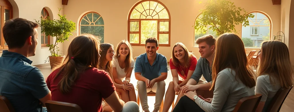 Gruppe junger Menschen sitzt in einem Kreis in einem hellen Innenraum mit Holzbalkendecke, lächelt und unterhält sich.
