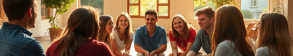 Gruppe junger Menschen sitzt in einem Kreis in einem hellen Innenraum mit Holzbalkendecke, lächelt und unterhält sich.