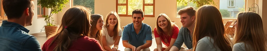 Gruppe junger Menschen sitzt in einem Kreis in einem hellen Innenraum mit Holzbalkendecke, lächelt und unterhält sich.