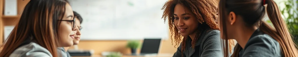 Vier diverse junge Frauen besprechen sich engagiert an einem Holztisch in einem hellen Raum mit Whiteboard, Laptop und Pflanzen.