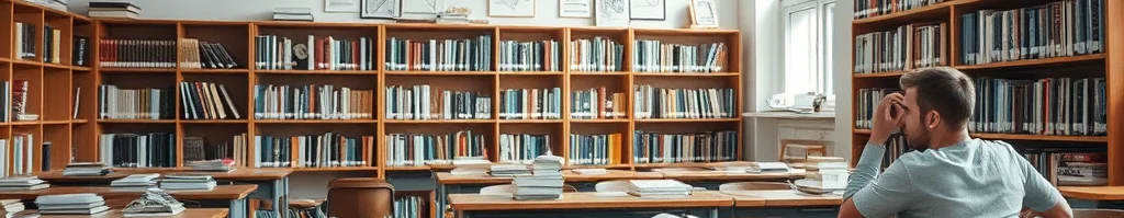 Bibliothek mit vielen Regalen voller Bücher; ein Mann sitzt an einem Tisch mit offenen Büchern.