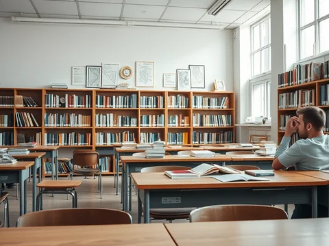 Bibliothek mit vielen Regalen voller Bücher; ein Mann sitzt an einem Tisch mit offenen Büchern.