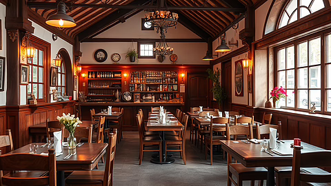Gemütliches Gasthaus im Holzdesign mit langen Tischen, Weinglas-Besteck, Bar im Hintergrund, große Fenster rechts.