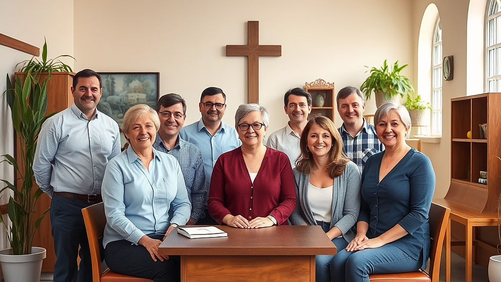 Mehrere Personen posieren um einen Holztisch in einem hellen Raum; im Hintergrund ein Kreuz an der Wand.