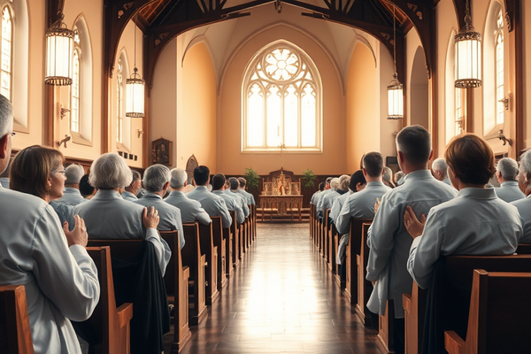 Kircheninnenraum mit vielen Menschen in heller Kleidung auf Holzbänken, Blick zum Altar.