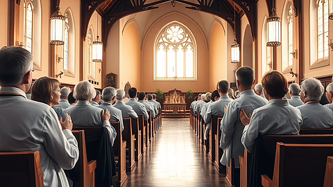 Kircheninnenraum mit vielen Menschen in heller Kleidung auf Holzbänken, Blick zum Altar.