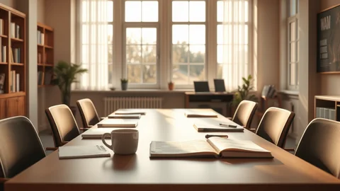 Großer Konferenzraum mit langem Holztisch, Stühlen, geöffnetem Notizbuch, Kaffeetasse; Laptop am Fenster, Bücherregale links.