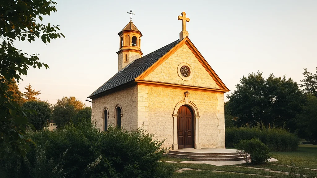 Kleine Stein-Kirche mit Holzportal, Rundfenster, Kreuz und Glockenturm, von Bäumen umgeben im Abendlicht.