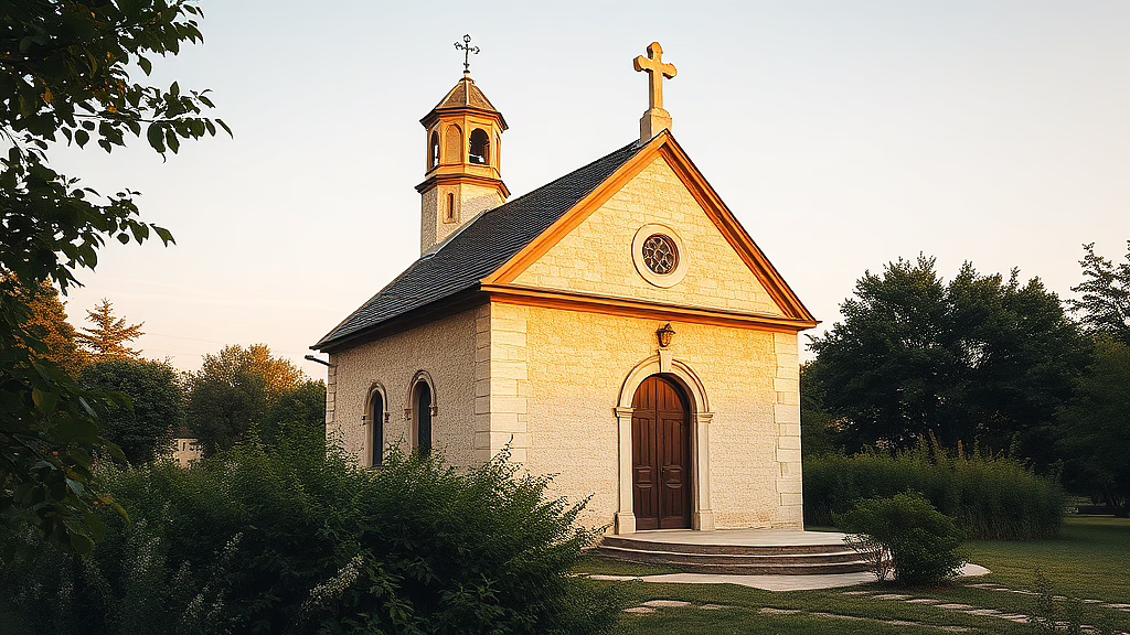 Kleine Stein-Kirche mit Holzportal, Rundfenster, Kreuz und Glockenturm, von Bäumen umgeben im Abendlicht.