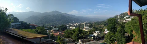 Panoramabild: Stadt, Berge und Wald