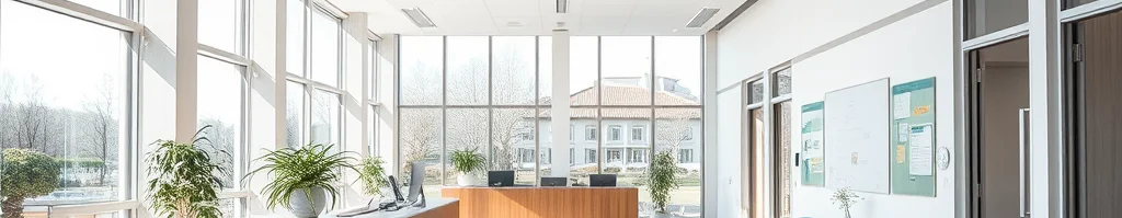 Heller Empfangsbereich mit großen Fenstern, zwei Holztresen, Grünpflanzen und Sitzgruppe mit blauen Stühlen.