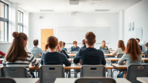 Students at desks in a bright classroom, viewed from behind facing a whiteboard.