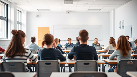 Students at desks in a bright classroom, viewed from behind facing a whiteboard.