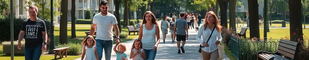 Familien mit Kindern schlendern an einem baumgesäumten Parkweg bei Sonnenschein.
