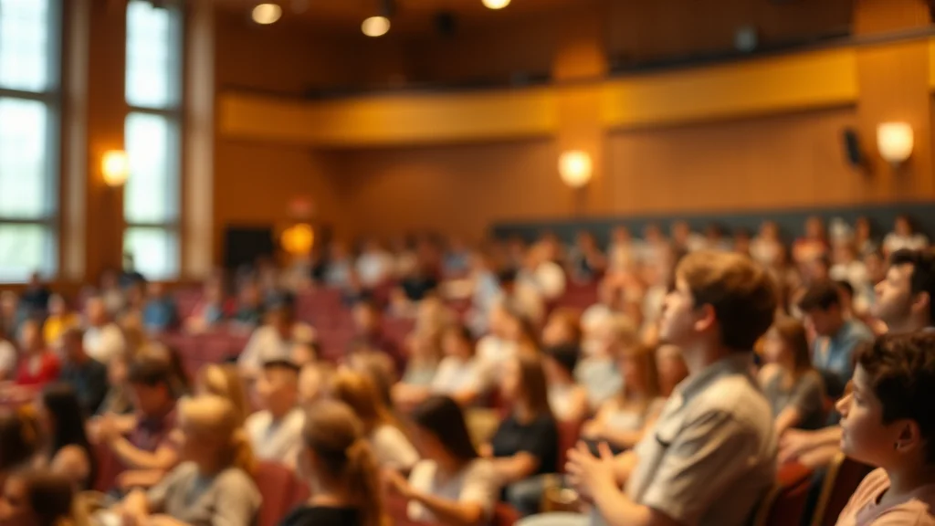 Große Zuschauergruppe sitzt in einem Hörsaal während einer Veranstaltung; unscharf, warme Beleuchtung.