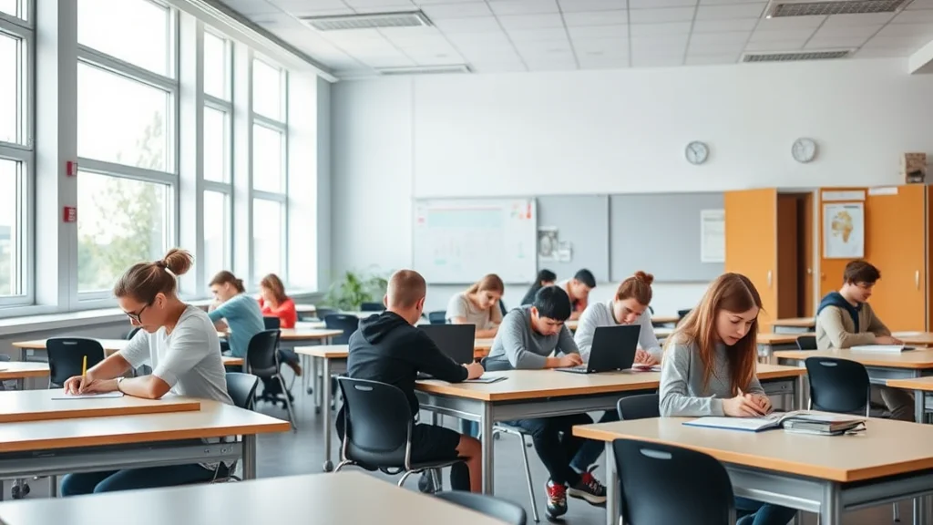 Helles Klassenzimmer: Lernende arbeiten an Tischen, einige mit Laptops; große Fenster an der Seite.