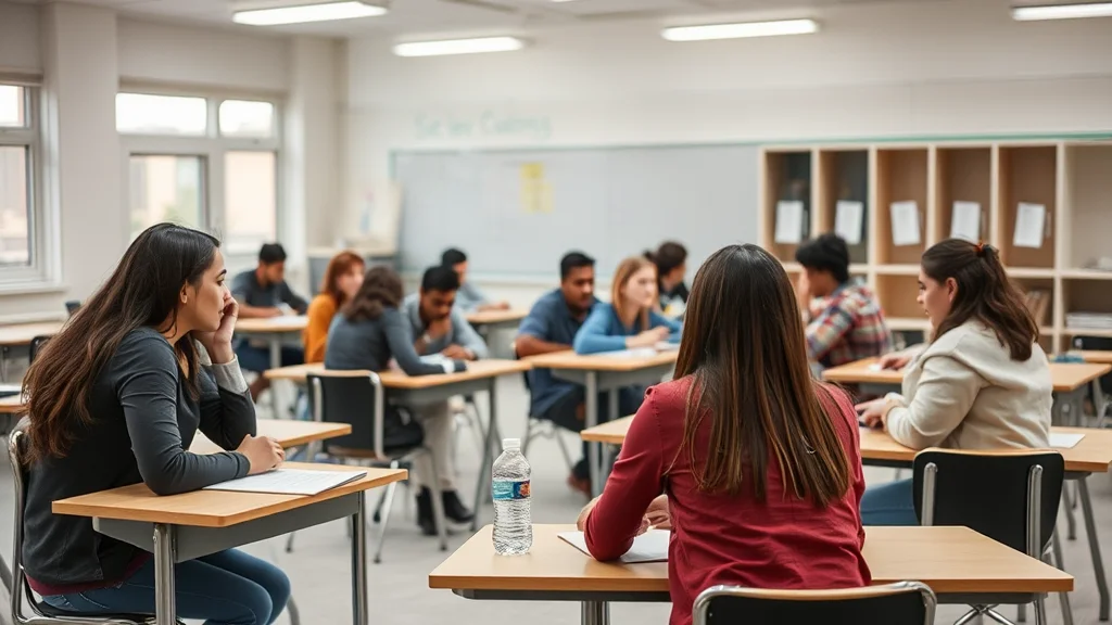 Klassenraum mit Studierenden an Tischen; Vordergrund zwei Mädchen, Wasserflasche auf dem Tisch, Regale im Hintergrund