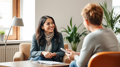 Zwei Frauen führen ein freundliches Gespräch in hellem Büro mit Pflanzen, Lampe und Fenster.