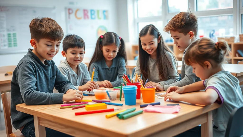 Gruppe von sechs Kindern bastelt gemeinsam am Tisch mit bunten Stiften in einem Klassenraum.