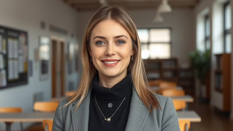 Lächelnde blonde Frau in grauem Blazer und schwarzem Rollkragen in hellem Klassenzimmer mit Holztischen und Regalen.