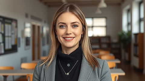 Lächelnde blonde Frau in grauem Blazer und schwarzem Rollkragen in hellem Klassenzimmer mit Holztischen und Regalen.