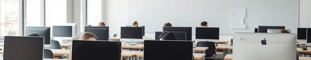 Klassenzimmer mit vielen iMac-Computern auf Tischen, Studierende arbeiten; große Fenster links, Whiteboard an der Wand.