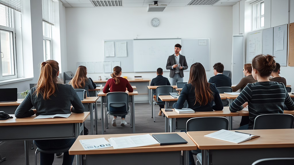 Lehrer im Anzug erklärt vor der Tafel, während Schüler an Tischen im Klassenraum zuhören.