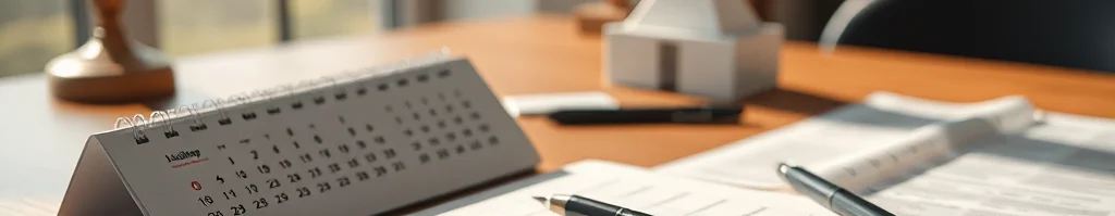 Schreibtisch mit Tischkalender, Stiften, Unterlagen und einem Pyramidenmodell; Kreuz im Hintergrund, warmes Licht.