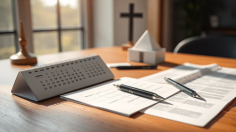 Schreibtisch mit Tischkalender, Stiften und Unterlagen; im Hintergrund Kreuz und Pyramidenmodell, warmes Licht.