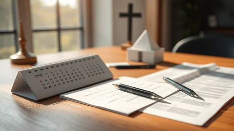 Schreibtisch mit Tischkalender, Stiften und Unterlagen; im Hintergrund Kreuz und Pyramidenmodell, warmes Licht.