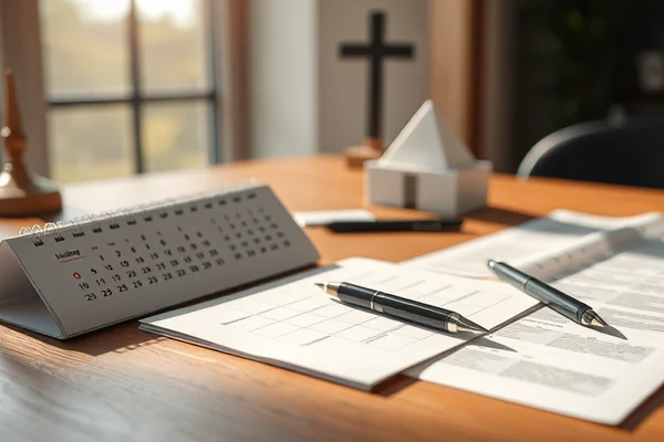 Schreibtisch mit Tischkalender, Stiften und Unterlagen; im Hintergrund Kreuz und Pyramidenmodell, warmes Licht.