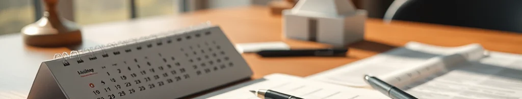 Schreibtisch mit Tischkalender, Stiften, Unterlagen und einem Pyramidenmodell; Kreuz im Hintergrund, warmes Licht.