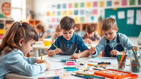 Mehrere Kinder arbeiten im Klassenraum am Zeichentisch, umgeben von bunten Stiften und Papier.