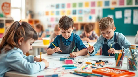 Mehrere Kinder arbeiten im Klassenraum am Zeichentisch, umgeben von bunten Stiften und Papier.