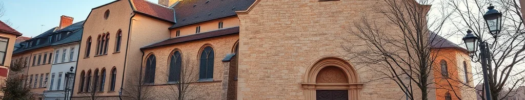 Straße vor einer großen Backstein-Kirche mit Turm und Kreuz; Menschen schlendern über den Vorplatz.