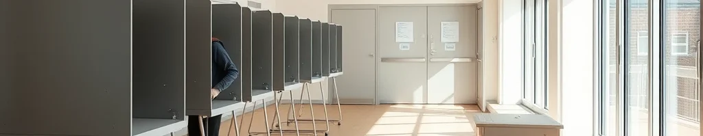 Heller Raum mit einer Reihe Wahlkabinen links, eine Person in einer Kabine; Tisch mit Papieren vor großen Fenstern.