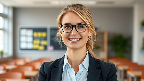 Junge Frau mit Brille in Blazer, lächelnd vor hellem Klassenzimmer mit Tafel und Regalen.
