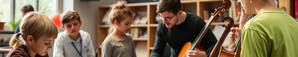 Kinder und Lehrer in Musikstunde: Junge spielt Cello, Mann Gitarre, andere am Tisch mit Noten. Klassenzimmer.