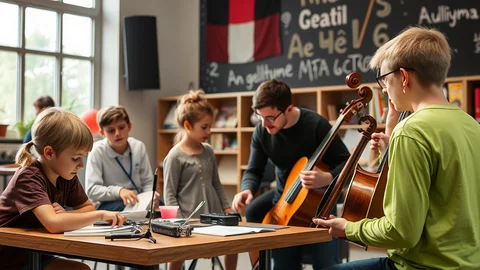Kinder und Lehrer in Musikraum: Junge spielt Cello, Mann Gitarre, andere am Tisch mit Noten.